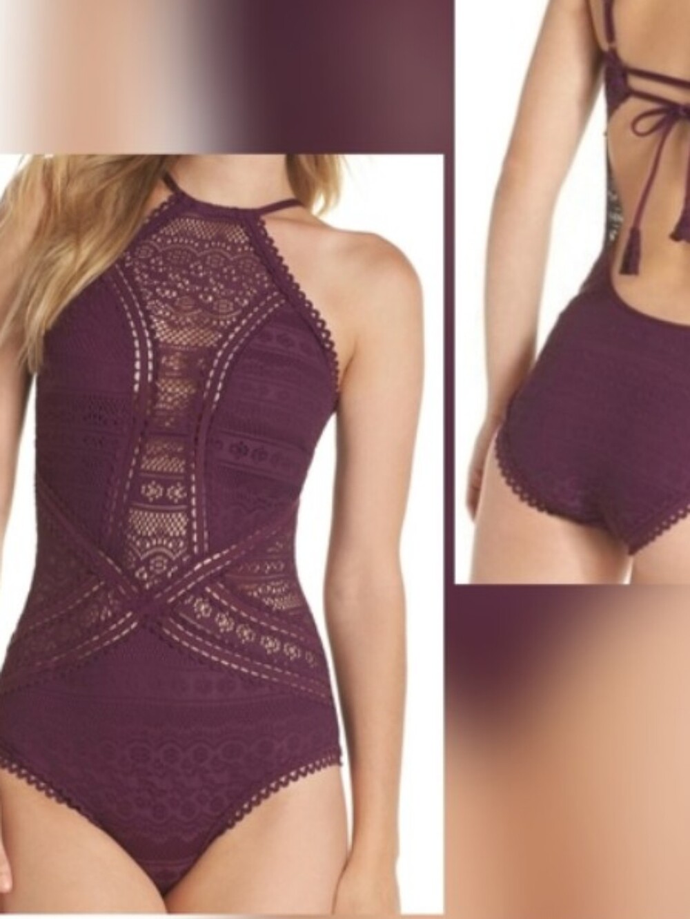 BECCA Plum Crochet High-Neck One-Piece Swimsuit